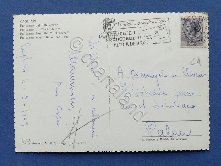 Cartolina Cagliari - Panorama dal Belvedere - 1959.