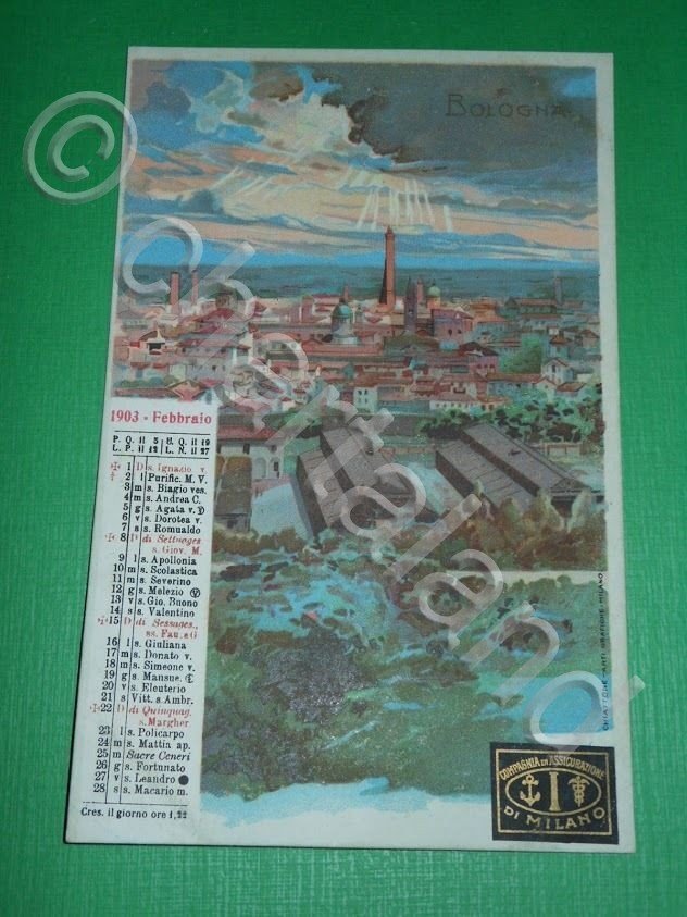 Cartolina Calendario febb. 1903 Bologna - Panorama - Assicurazioni Milano.