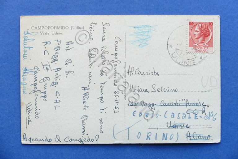 Cartolina Campoformido - Vale Udine - 1953.