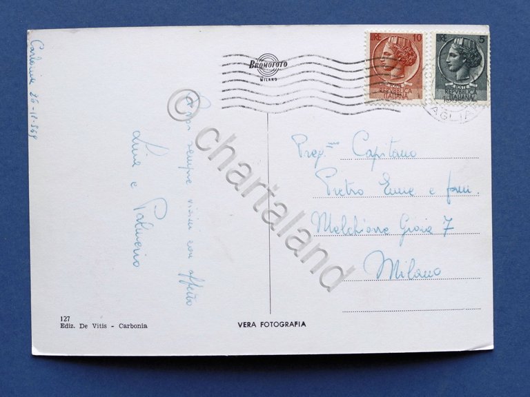 Cartolina Carbonia - Piazza Roma e Torre Civica - 1959