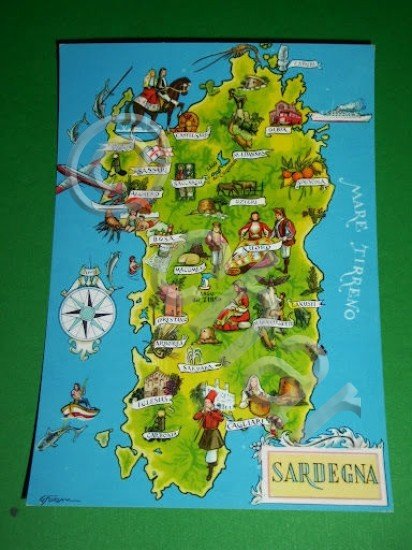 Cartolina Cartina della Sardegna ( Bosa Alghero Sardara Carbonia ecc. …