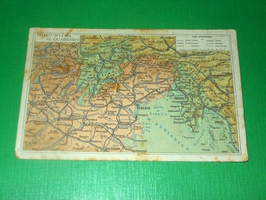 Cartolina Cartina geografica Dallo Spluga al Quarnero 1920 ca.