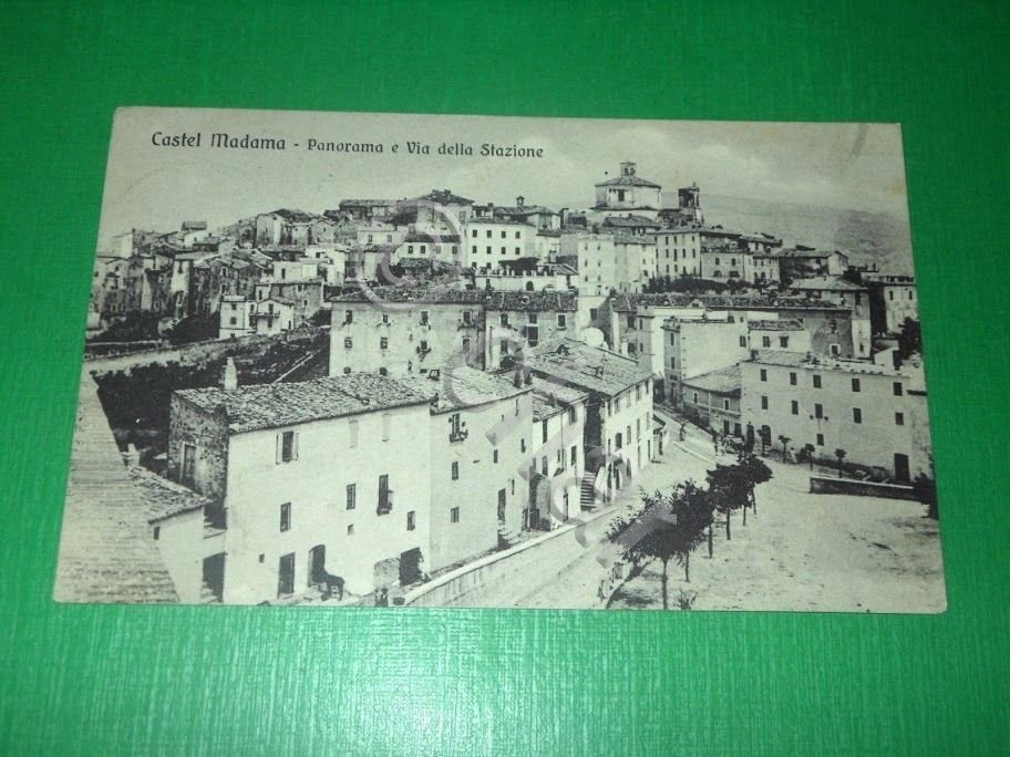 Cartolina Castel Madama - Panorama e Via della Stazione 1912.
