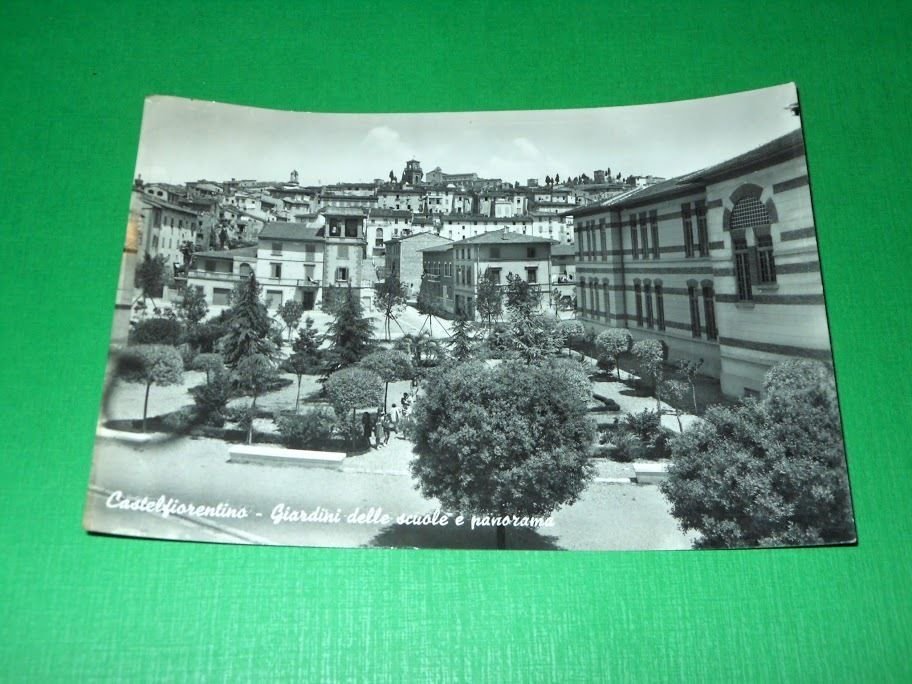 Cartolina Castelfiorentino - Giardini delle scuole e panorama 1954.