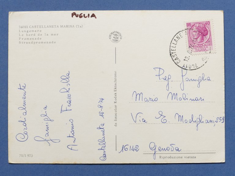 Cartolina Castellaneta Marina - Lungomare - 1974