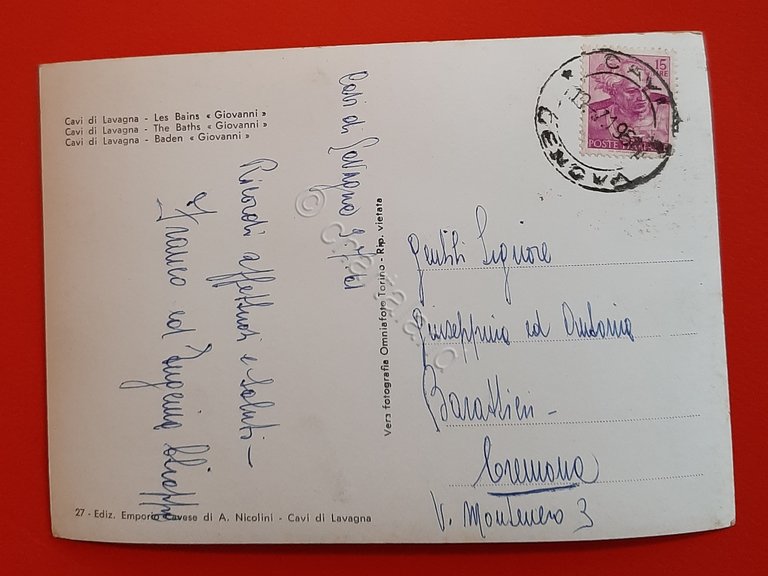 Cartolina Cavi di Lavagna - Bagni Giovanni - 1951