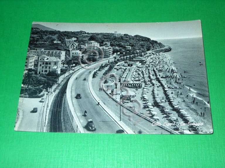 Cartolina Celle Ligure - La Spiaggia 1957
