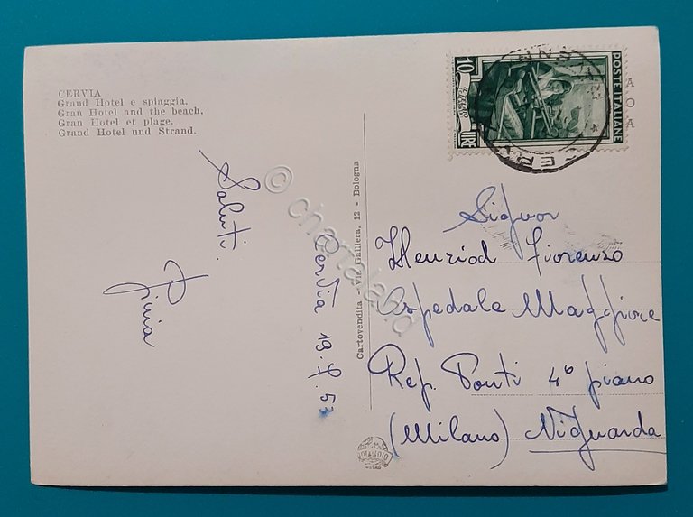 Cartolina Cervia - Grand Hotel e spiaggia - 1953