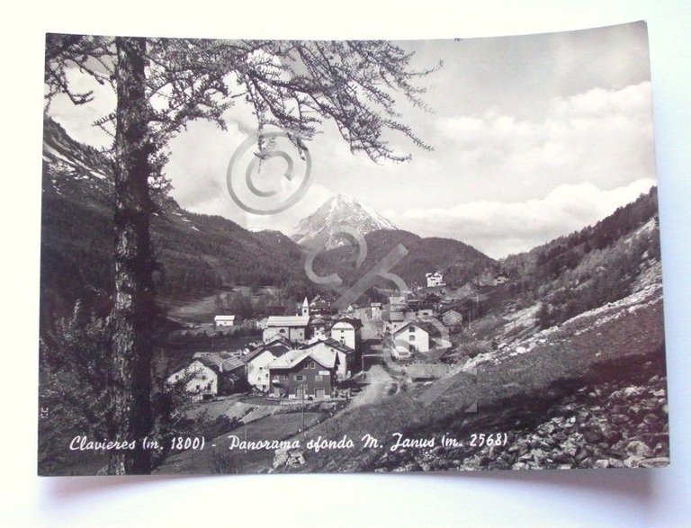 Cartolina Claviere - Panorama con sfondo M. Janus 1950