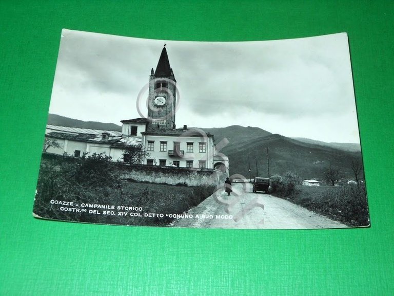Cartolina Coazze - Campanile storico "Ognuno a suo modo" 1954