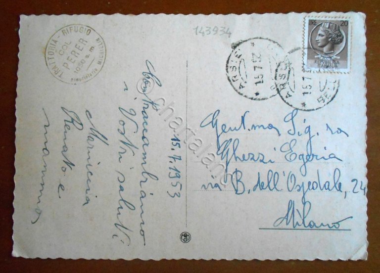 Cartolina Colonia alpina a Col Perer - 1953