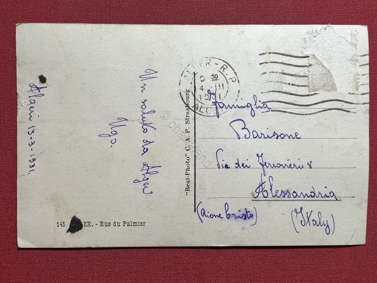 Cartolina Coloniale - Alger - Rue du Palmier - 1931