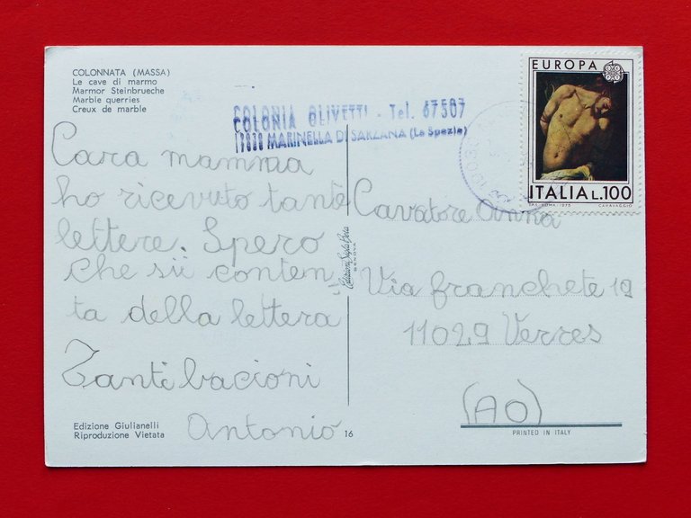 Cartolina Colonnata - Le cave di marmo - 1976.