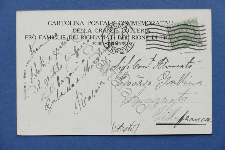 Cartolina Commemorativa - Lotteria pro famiglie richiamati Trastevere del 1916.