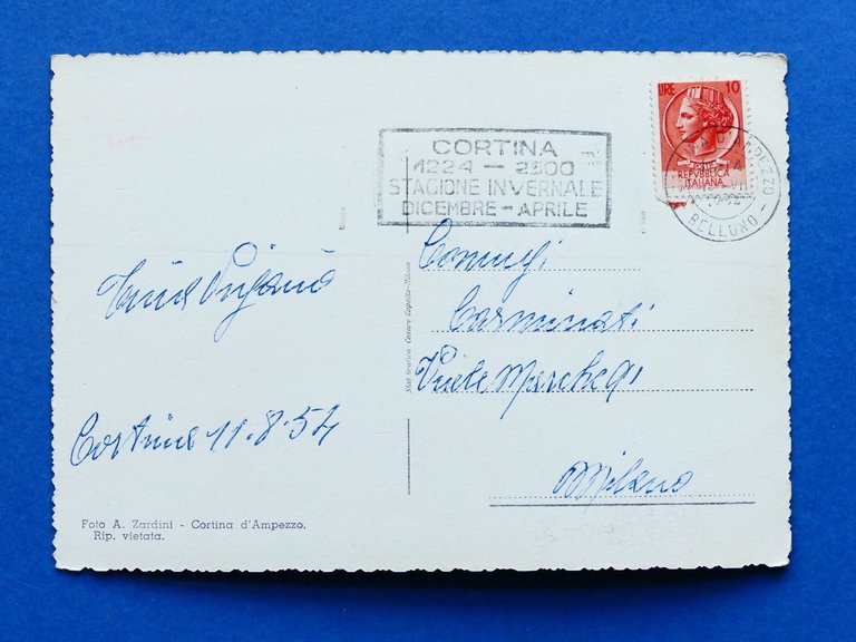 Cartolina Cortina - Col Rosà - Punta Fiammes - 1954.
