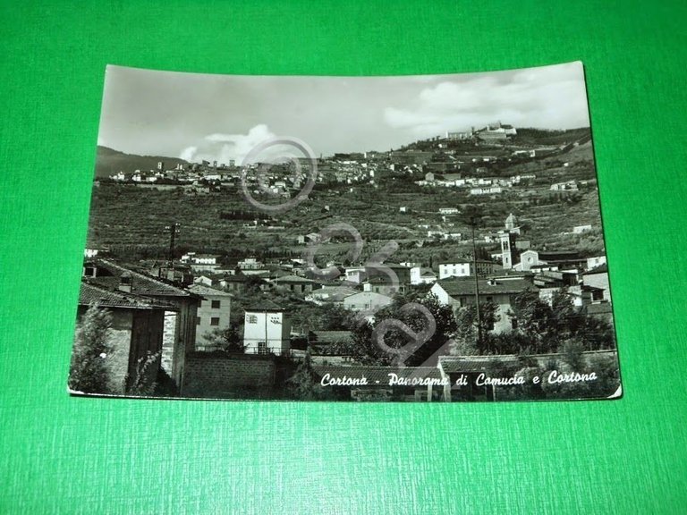 Cartolina Cortona - Panorama di Camucia e Cortona 1956.