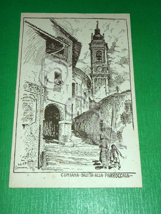 Cartolina Cumiana - Salita alla Parrocchia - Illustratore Gech 1916.