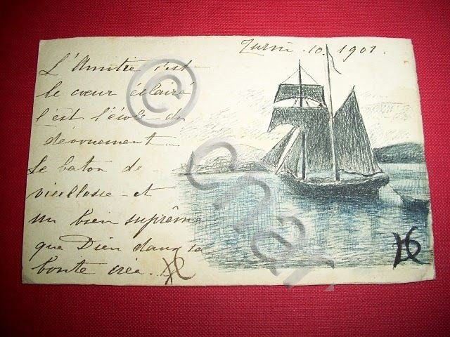 Cartolina disegnata a mano - Barca a vela 1901