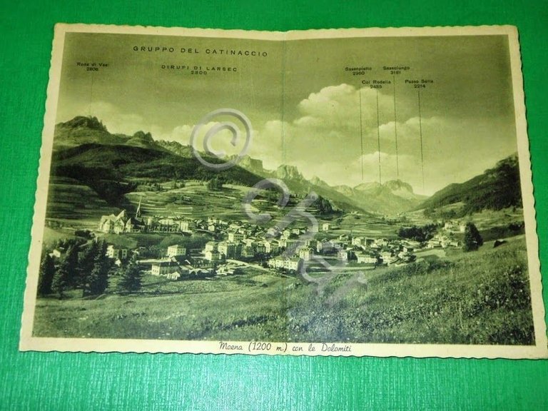 Cartolina doppia Moena - Panorama con le Dolomiti 1941