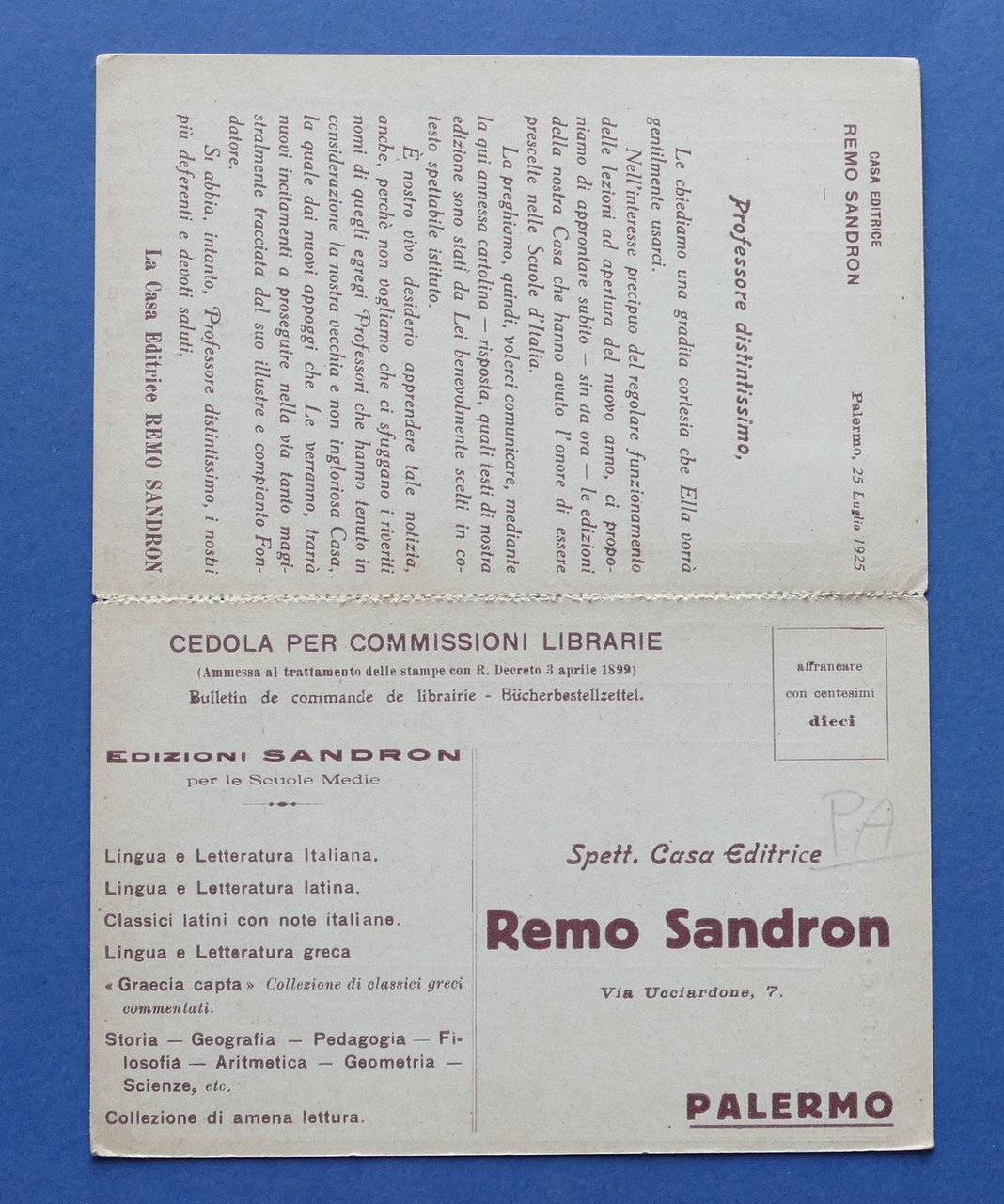 Cartolina doppia Pubblicitaria - Casa Editrice Remo Sandron - Palermo …