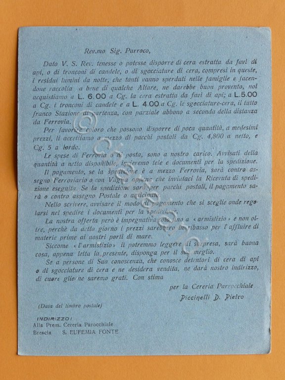 Cartolina doppia Pubblicitaria - Premiata Cereria Parrocchiale Bresciana - 1918