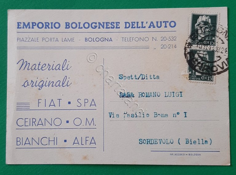 Cartolina Emporio Bolognese dell ' Auto - Bologna - 1941
