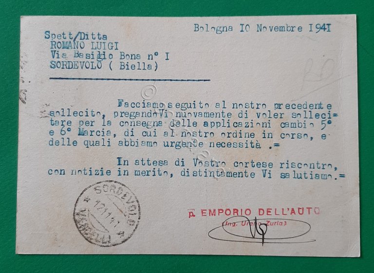 Cartolina Emporio Bolognese dell ' Auto - Bologna - 1941