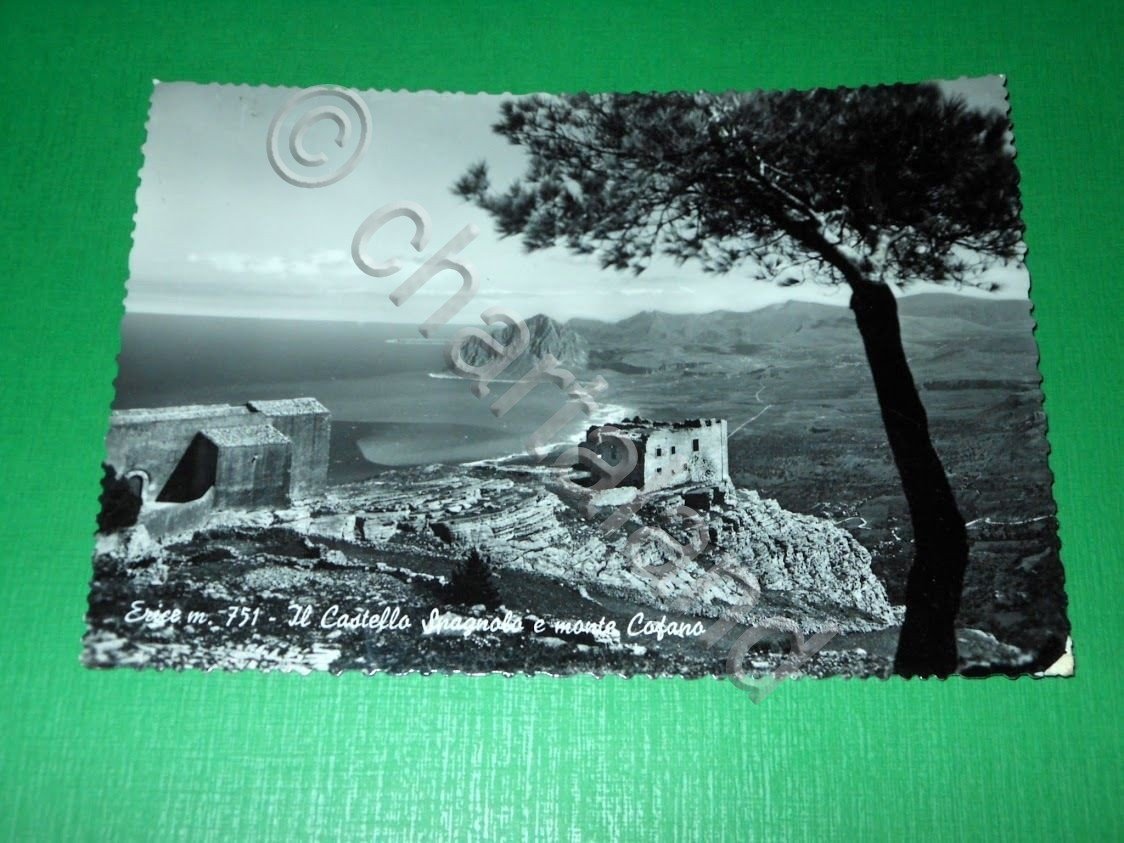 Cartolina Erice - Il Castello Spagnolo e monte Cofano 1958.