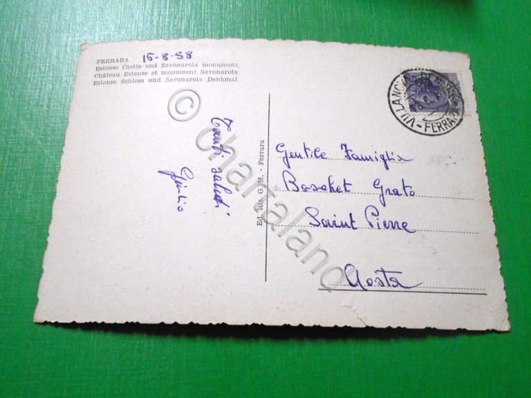 Cartolina Ferrara - Castello Estense e monumento al Savonarola 1958.