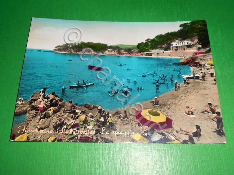 Cartolina Fiascherino ( La Spezia ) - La spiaggia 1962.