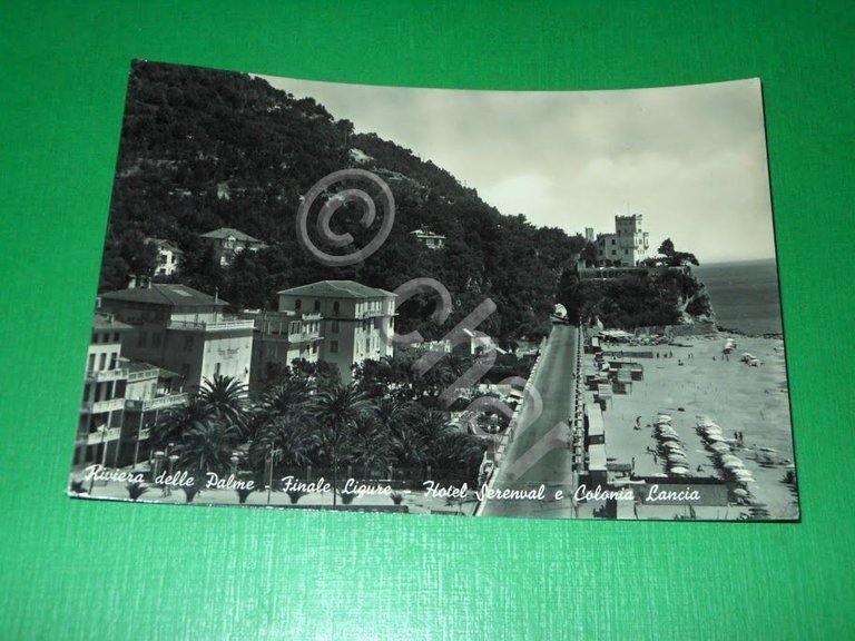 Cartolina Finale Ligure - Hotel Serenval e Colonia Lancia 1958.