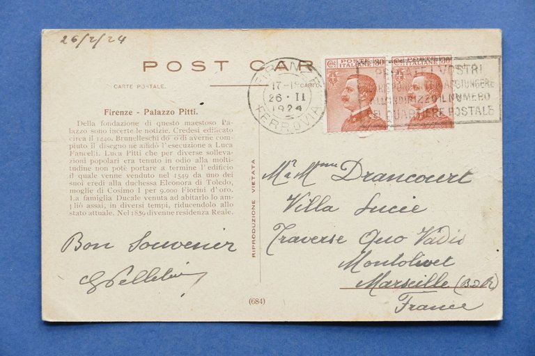 Cartolina Firenze - Palazzo Pitti - 1924.