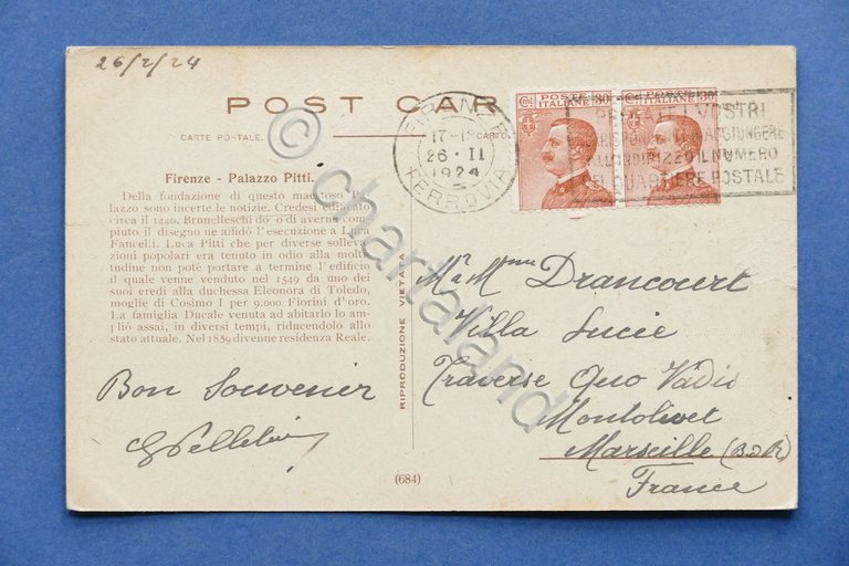 Cartolina Firenze - Palazzo Pitti - 1924.