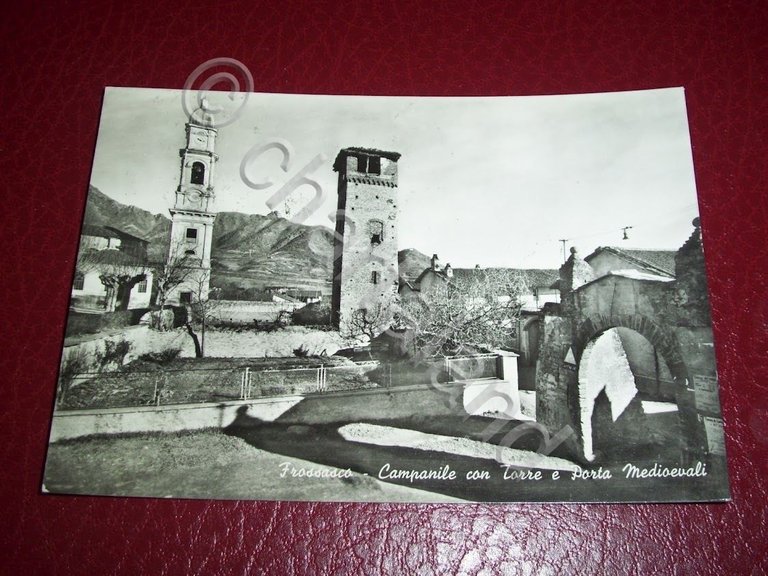 Cartolina Frossasco - Campanile con Torre e Porta Medioevali 1951