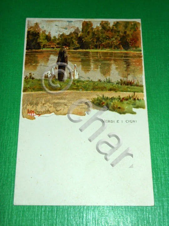 Cartolina Giuseppe Verdi e i cigni - Illustratore L. Metlicovitz …