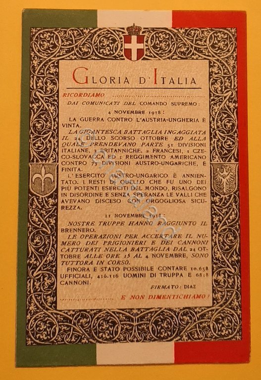 Cartolina Grolia d' Italia - 4 Novembre - 1918