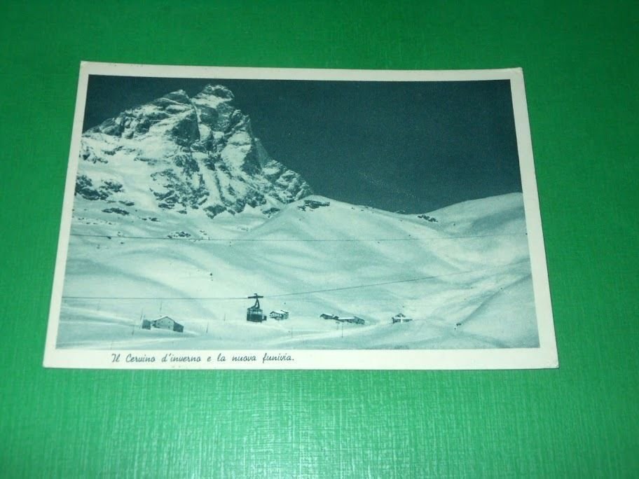 Cartolina Il Cervino d'inverno e la nuova funivia 1938.