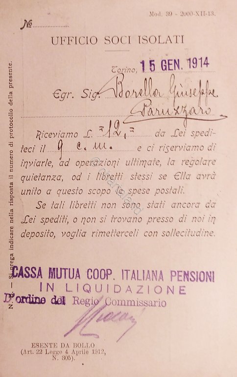 Cartolina Istituto Nazionale delle Assicurazioni Ufficio Soci Isolati Roma 1914