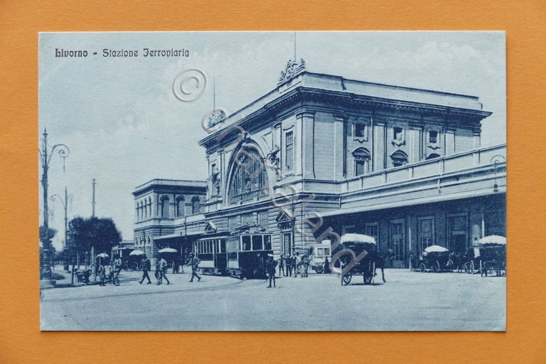 Cartolina Livorno - Stazione Ferroviaria - Tram 1915 ca..