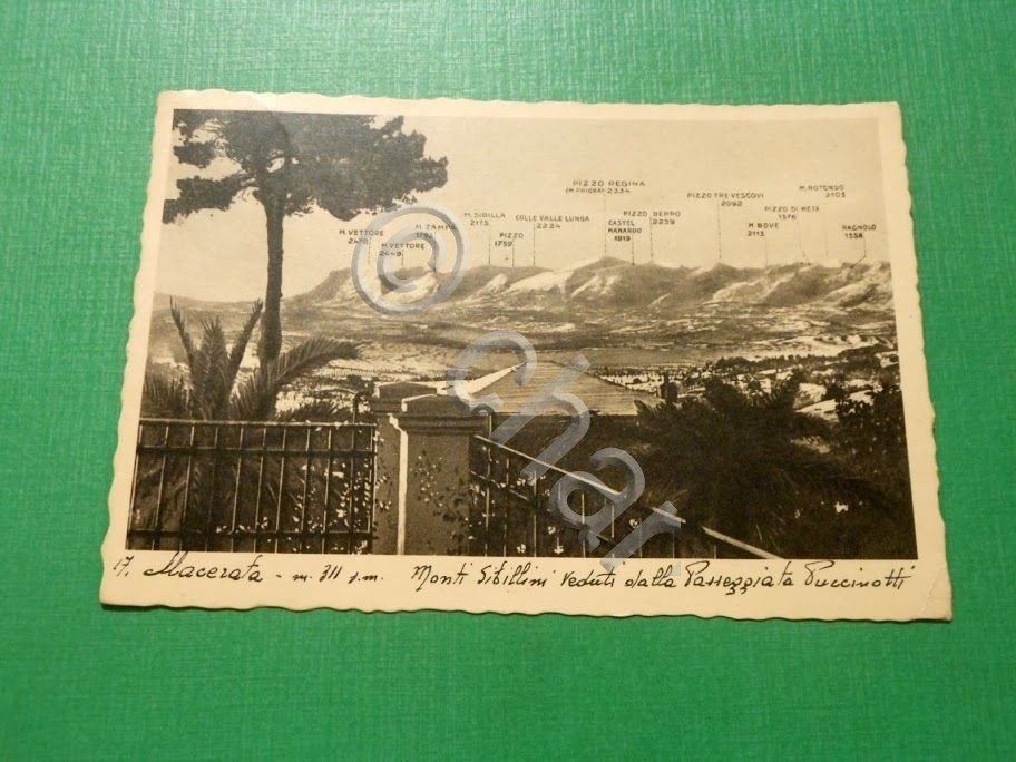 Cartolina Macerata - Monti Sibillini veduti dalla Passeggiata Puccinotti 1936
