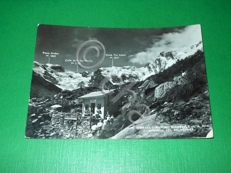 Cartolina Macugnaga - Ristoro Miravalle ai Ghiacciai del Belvedere 1954