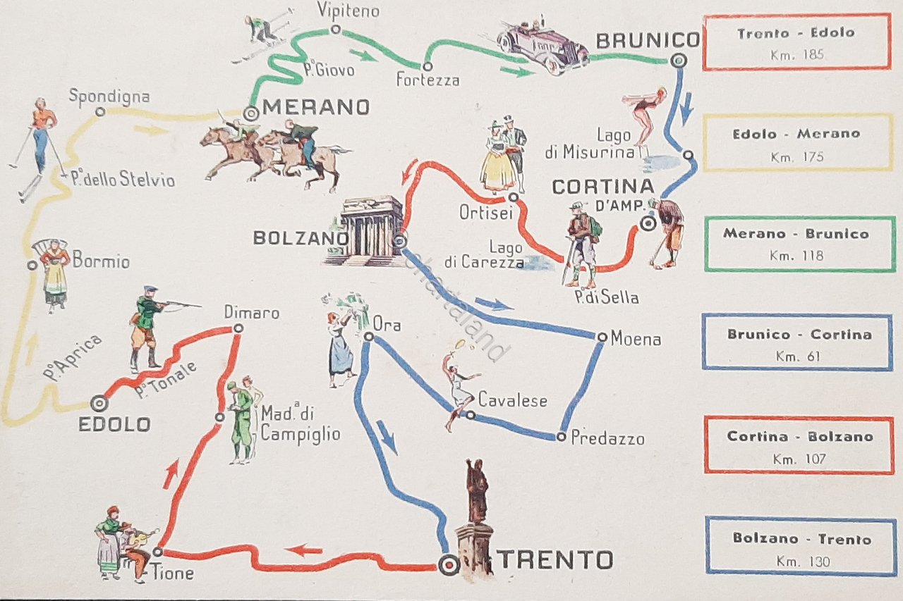 Cartolina Merano - Cortina - Brunico - Edolo - Trento …