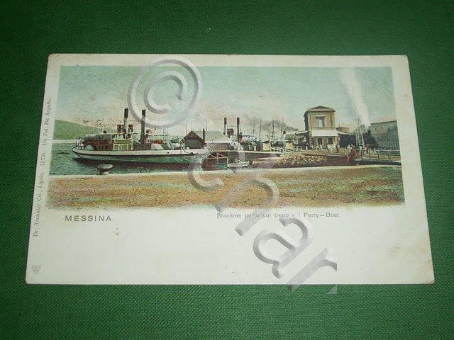 Cartolina Messina - Stazione porto col Treno e i Ferry-Boat …