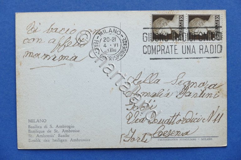 Cartolina Milano - Basilica di S. Ambrogio - 1939.