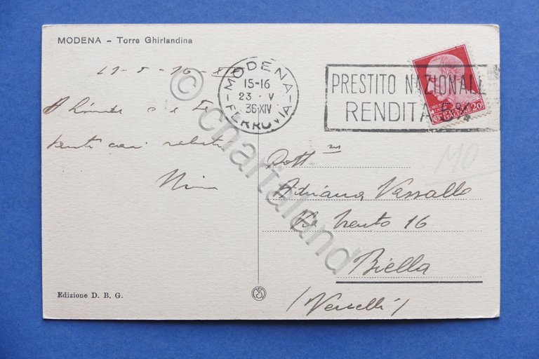 Cartolina Modena - Torre Ghirlandina - 1936.