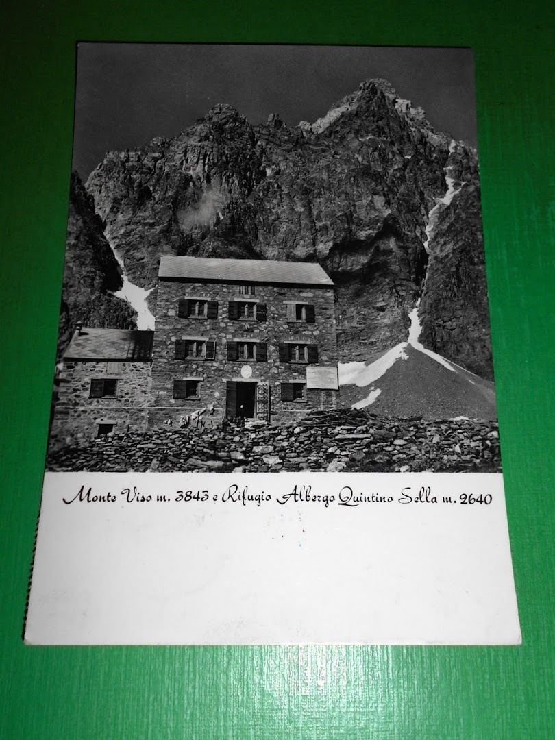 Cartolina Monte Viso e Rifugio Albergo Quintino Sella 1957.