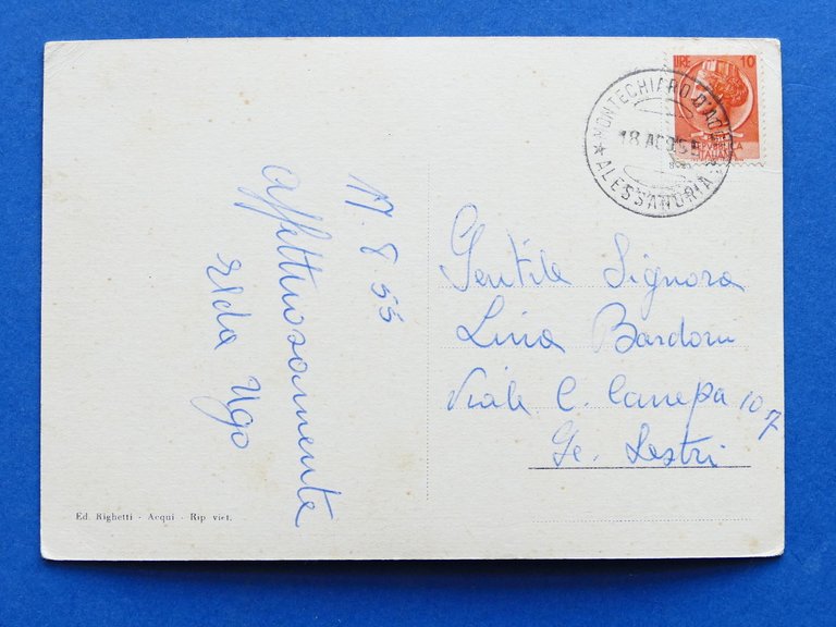 Cartolina Montechiaro d'Acqui - Piazza Cesare Battisti - 1955.