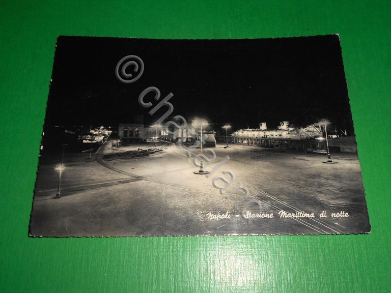 Cartolina Napoli - Stazione Marittima di notte 1953