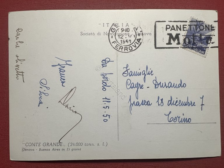 Cartolina Navi - Conte Grande - Genova - 1950