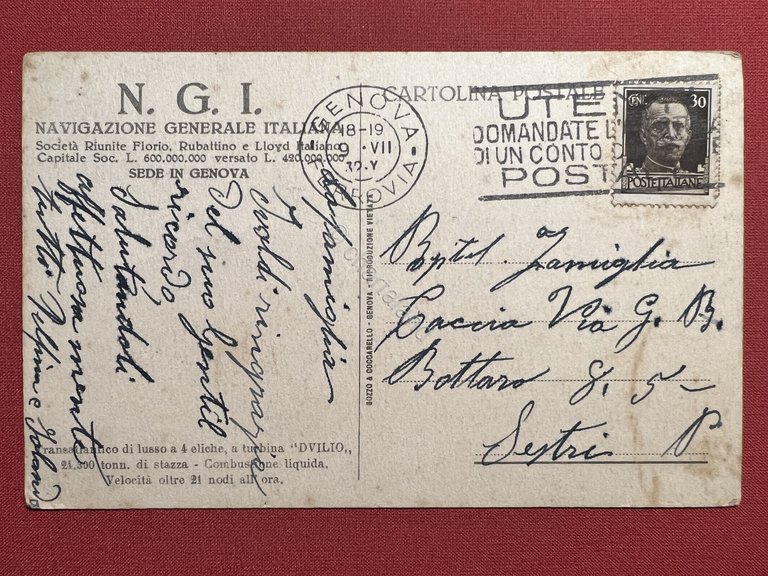 Cartolina Navigazione Generale - Transatlantico di lusso a turbina Duilio …